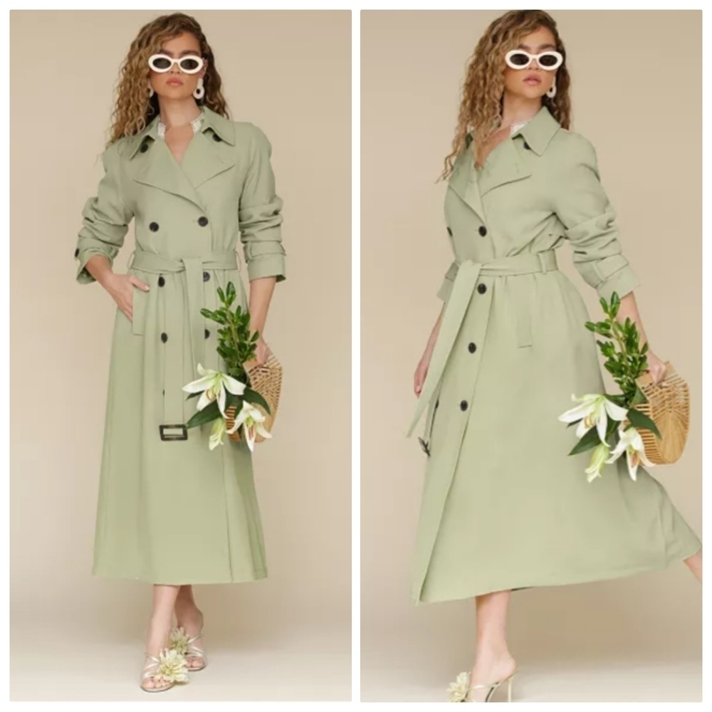 New Avec Les Filles Double-Breasted Pale Pistachio Maxi Trench Coat Size Large